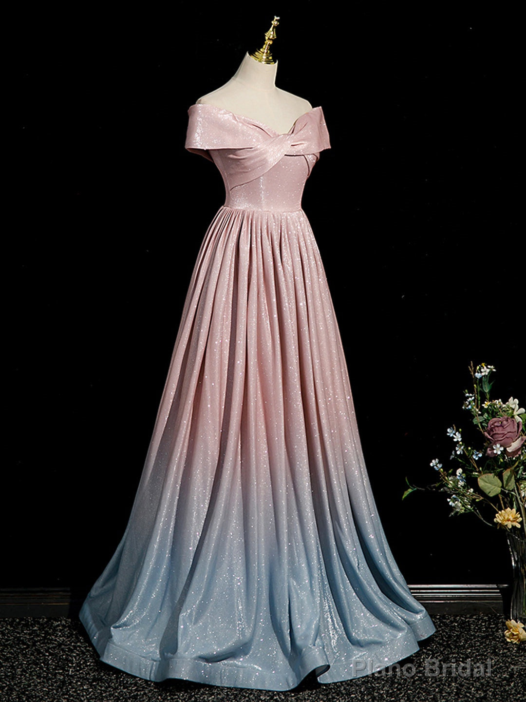 Pink Gradient Shiny Floor Length Prom Dress, Off Shoulder A-Line Evening Party Dress Secondary image