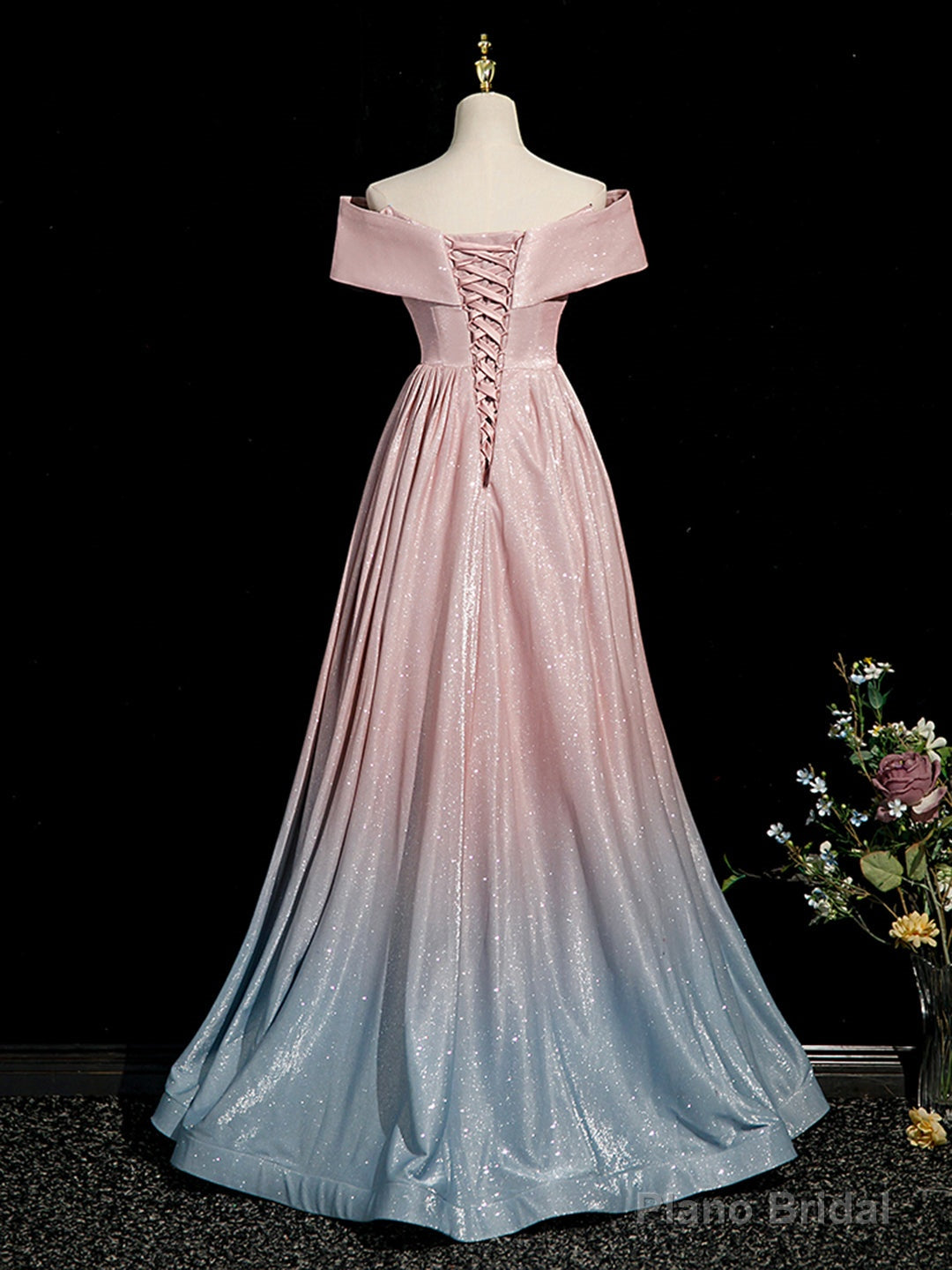 Pink Gradient Shiny Floor Length Prom Dress, Off Shoulder A-Line Evening Party Dress