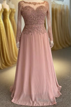 Illusion Neck Sweetheart Long Sleeves Beaded Appliques Long Prom Dresses