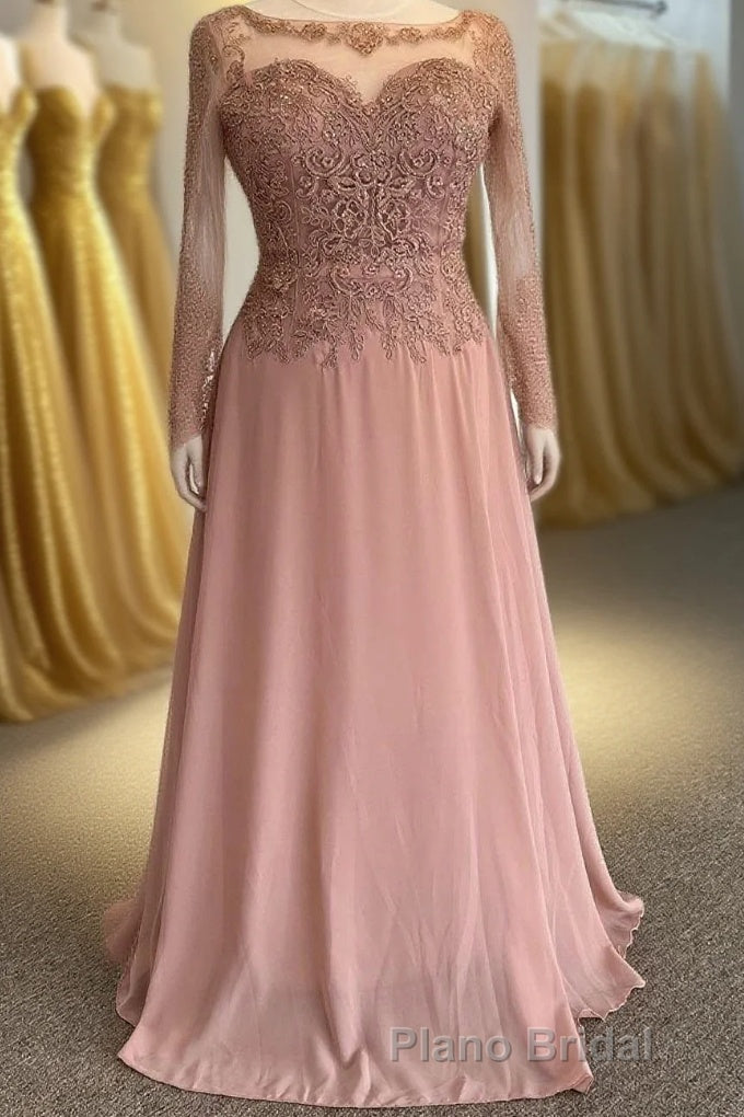 Illusion Neck Sweetheart Long Sleeves Beaded Appliques Long Prom Dresses