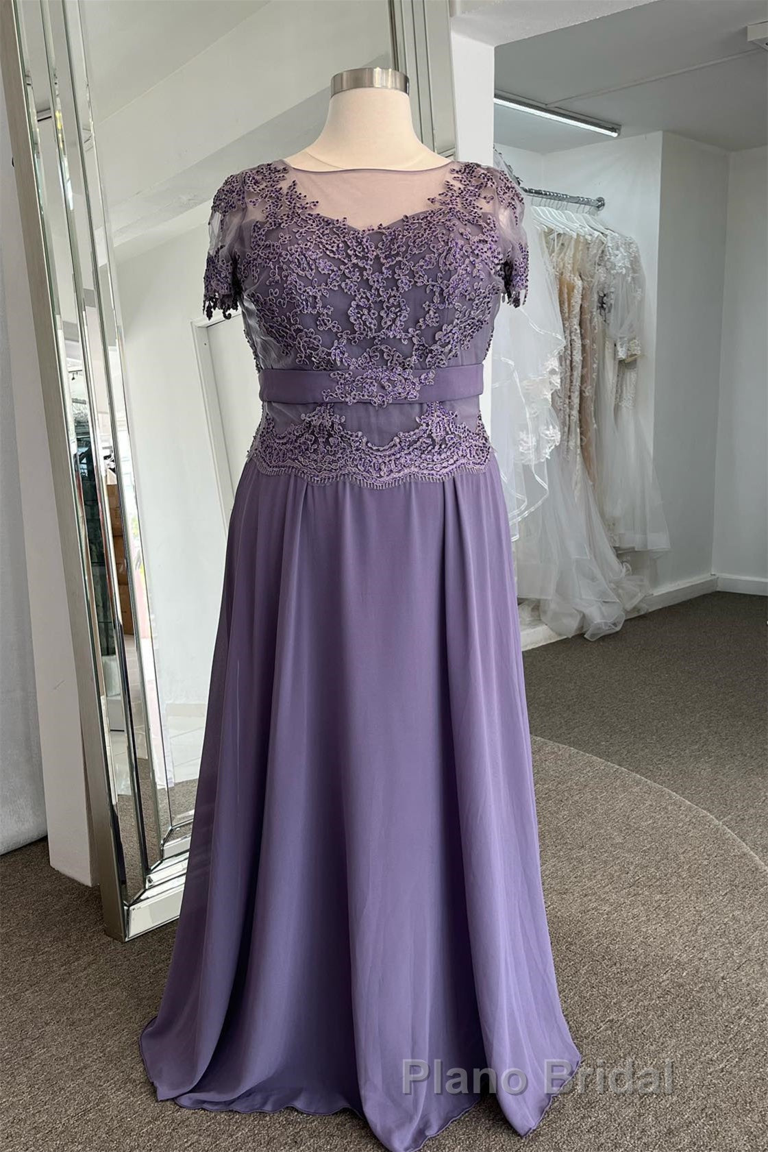 Illusion Neck Sweetheart Sleeves Beaded Appliques Long Prom Dresses with Sash Secondary image