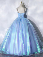 Beautiful  Shiny Blue Tulle Long Formal Dress, A-Line Spaghetti Strap Sweetheart Princess Dress