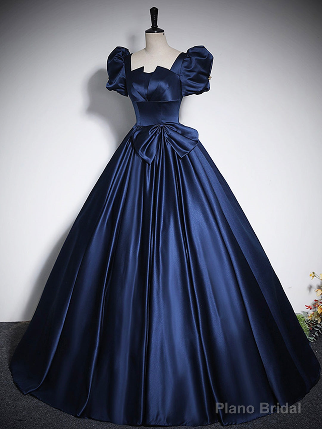 Elegant Blue Satin Floor-Length Prom Dresses, Square Neckline Puffy Short Sleeve Bow Formal Dresses Main image