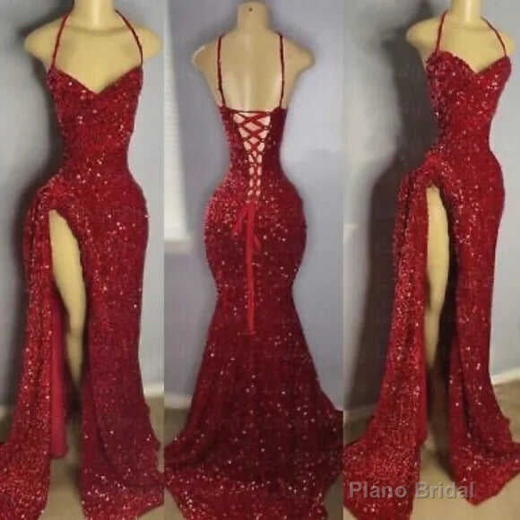 Red Sequin Halter Evening Gown Main image