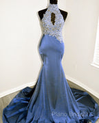 Magenta Mermaid Lace Applique Halter Formal Prom Dresses