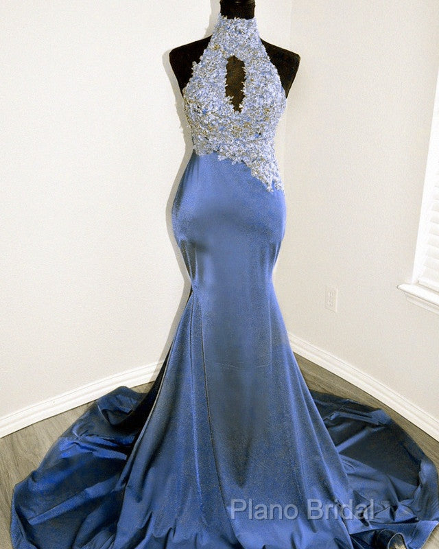 Magenta Mermaid Lace Applique Halter Formal Prom Dresses