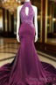 Magenta Mermaid Lace Applique Halter Formal Prom Dresses