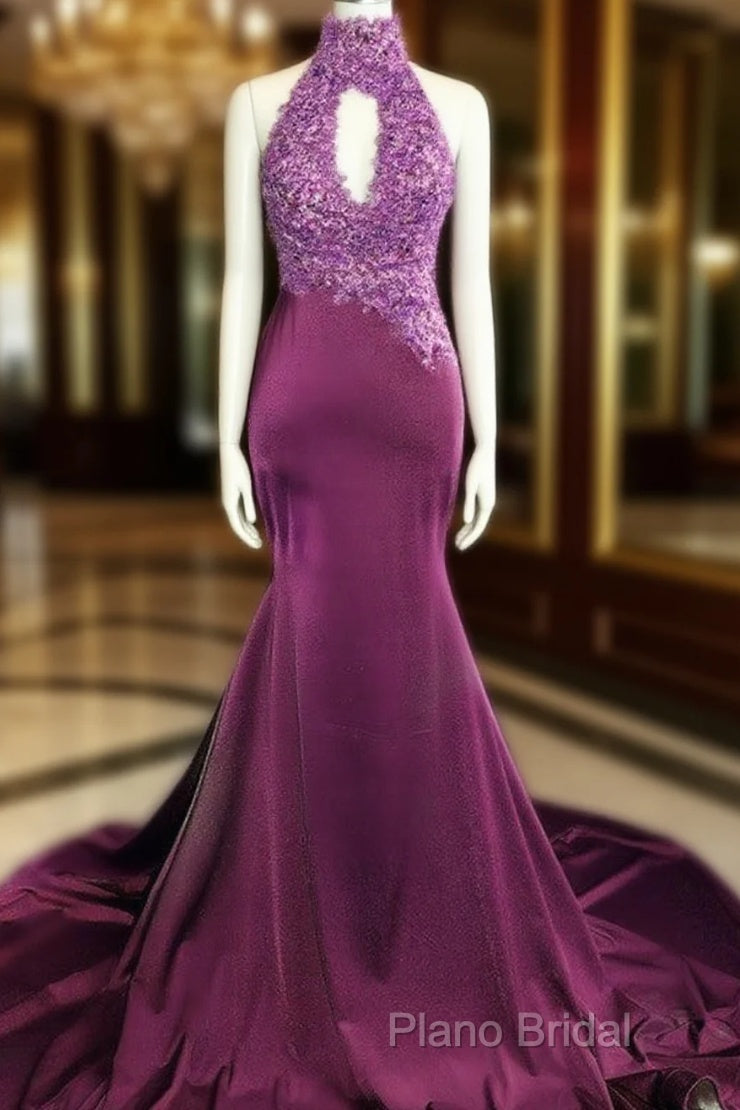 Magenta Mermaid Lace Applique Halter Formal Prom Dresses Main image
