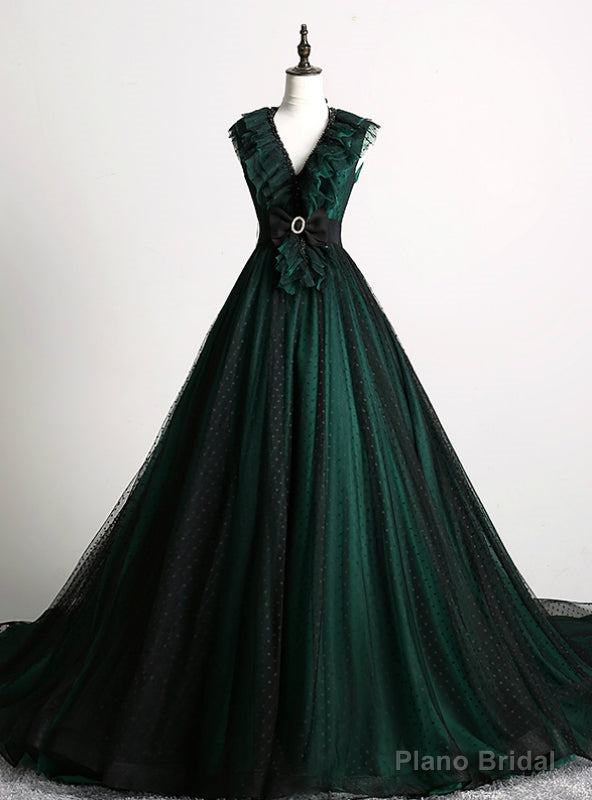 Make Your Prom a Dream Dark Green Ball Gown Tulle V-neck Backless Quinceanera Dress With Train