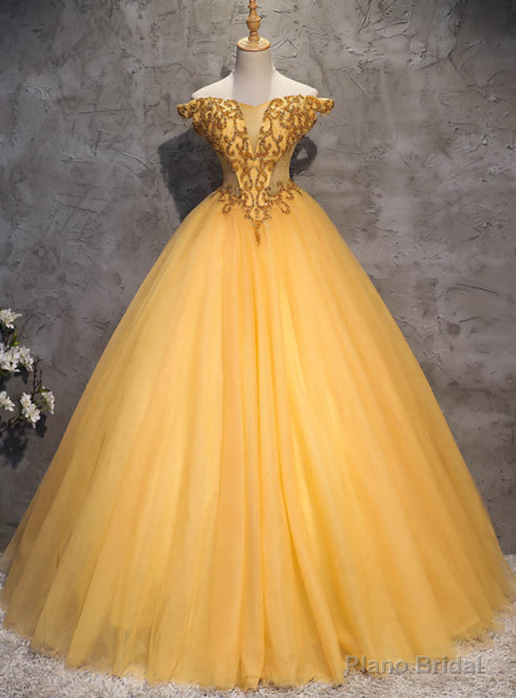 Make Your Prom a Dream Gold Ball Gown Tulle Off the Shoulder Beading Quinceanera Dress Main image