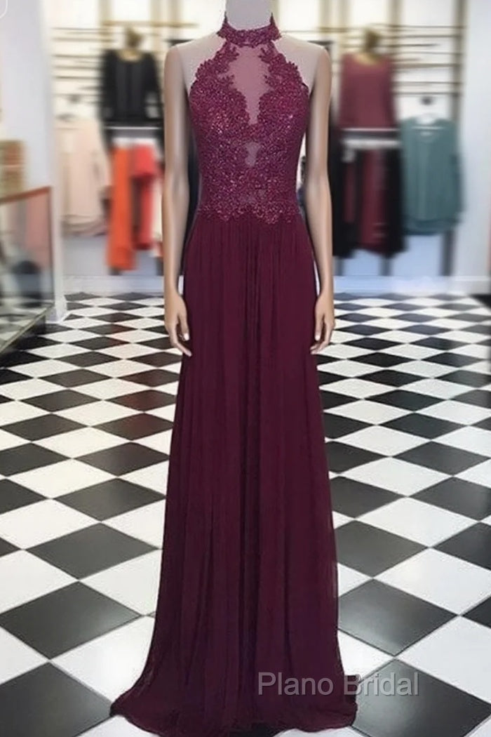 Maroon Hight Neck Lace Long Formal Prom Dresses, Maroon Formal Dresses Main image