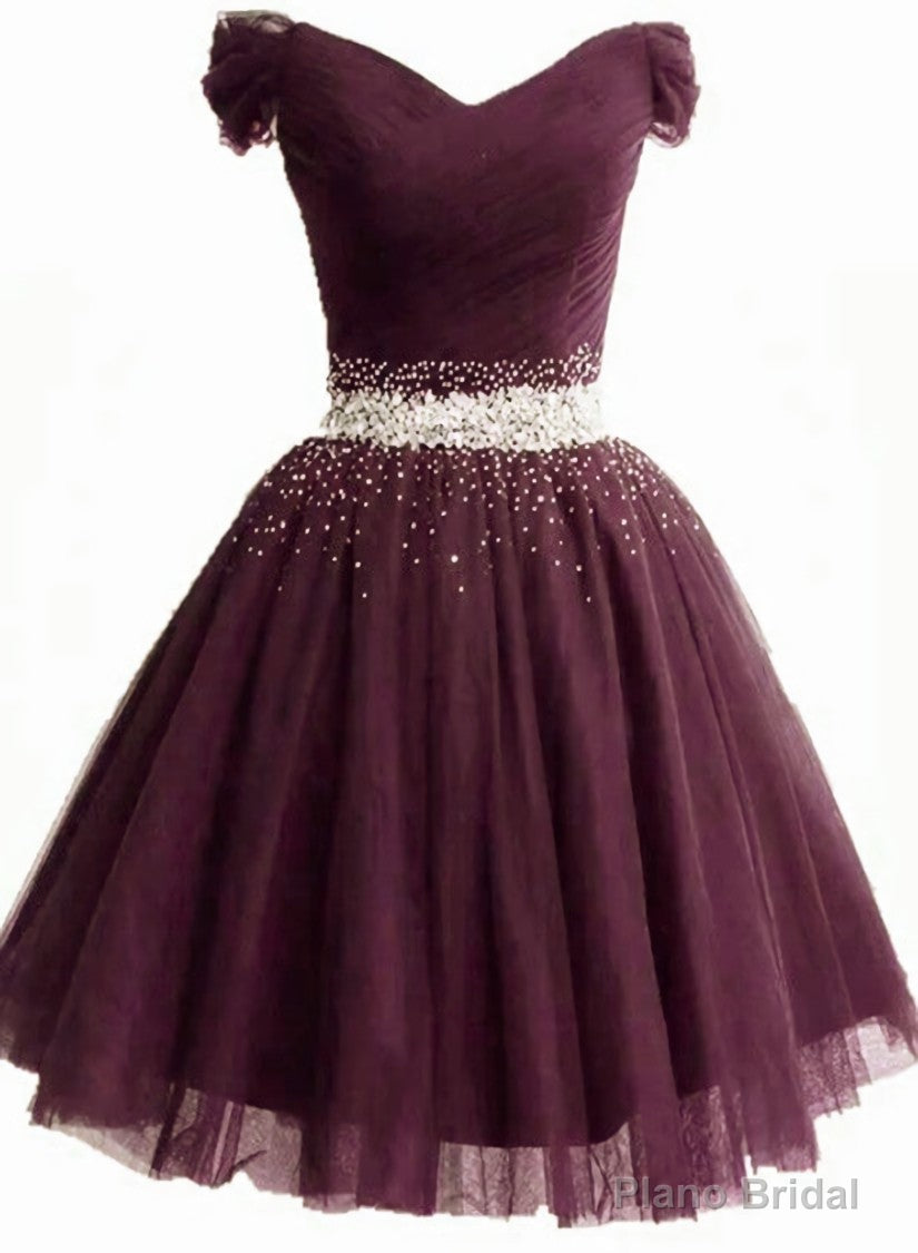 Maroon Off Shoulder Beaded Tulle Short Prom Dress Homecoming Dress, Cute Prom Dresses Main image