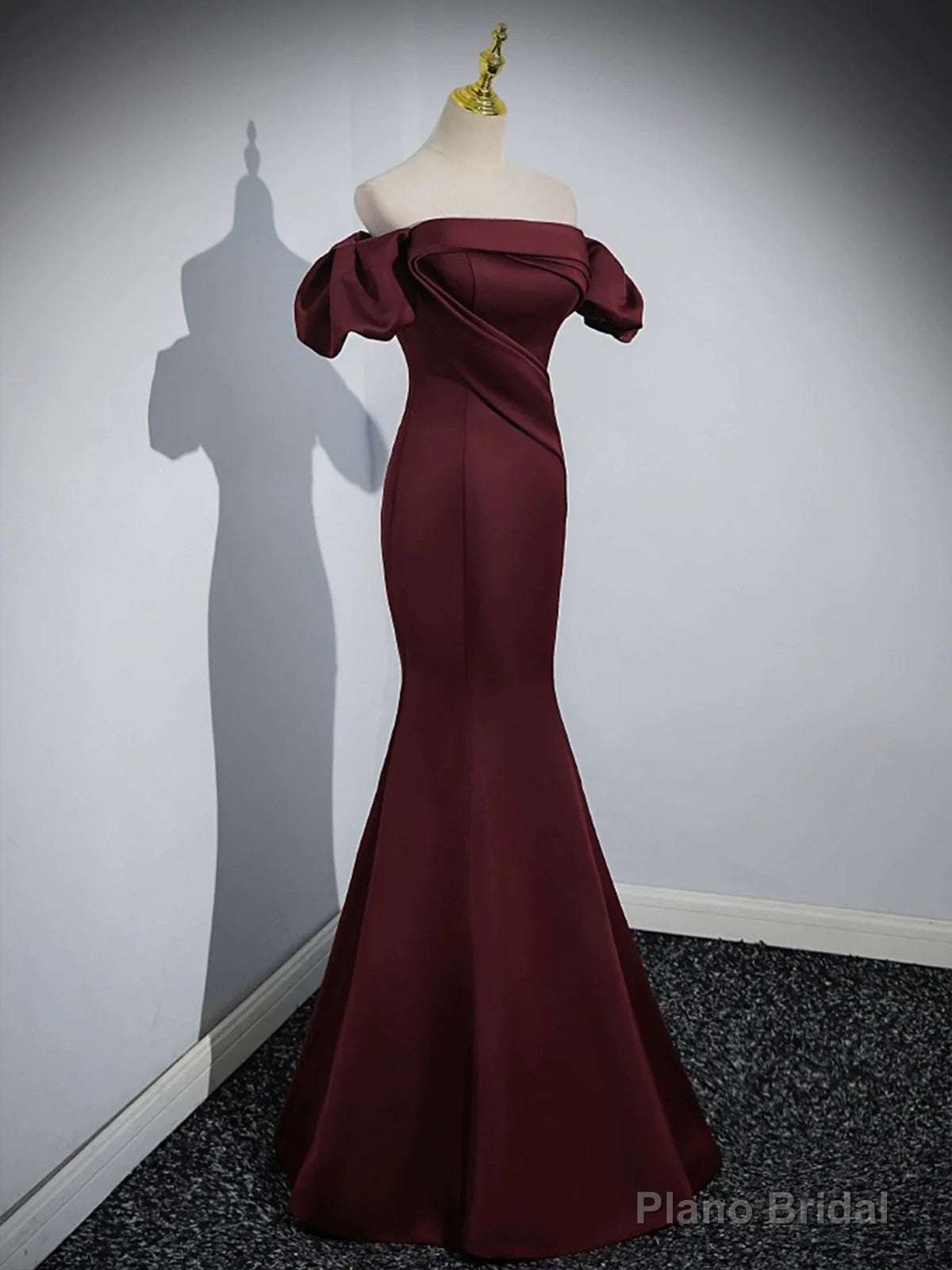 Maroon Satin Mermaid Off Shoulder Prom Dress, Maroon Party Dress Secondary image