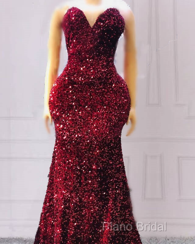 Maroon Sequin Formal Prom Dresses Mermaid Strapless