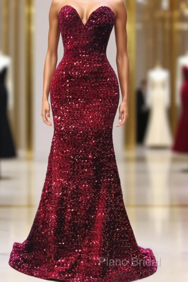 Maroon Sequin Formal Prom Dresses Mermaid Strapless Main image