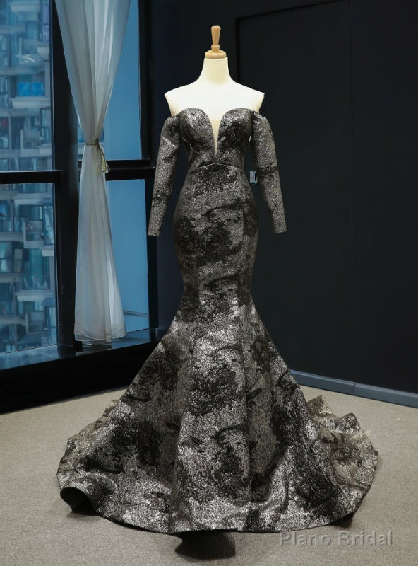 Memraid Black And Silver Color Off the Shoulder Long Sleeve Prom Dress Main image