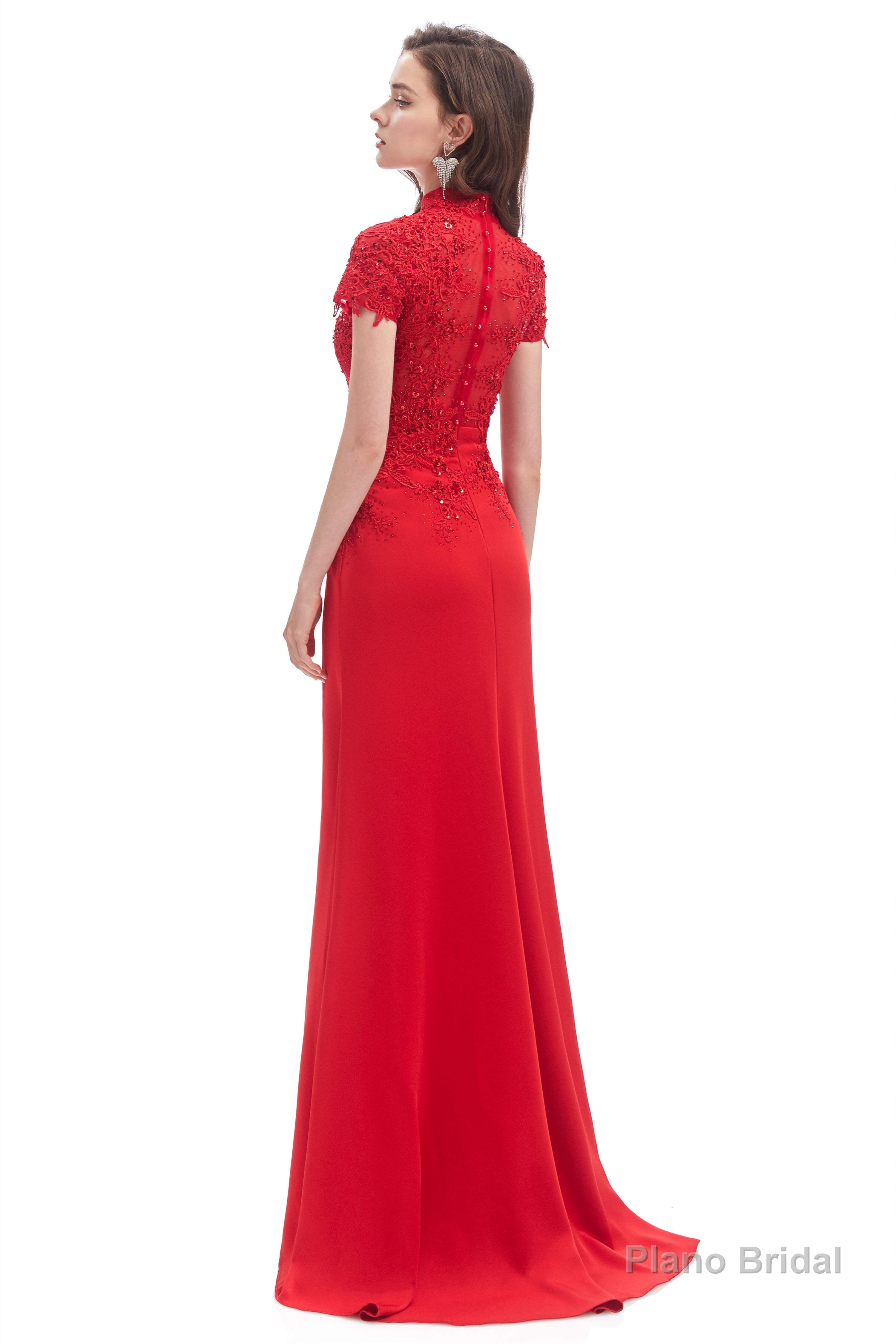 Mermaid Appliques Beading High Neck Short Sleeve Prom Dresses