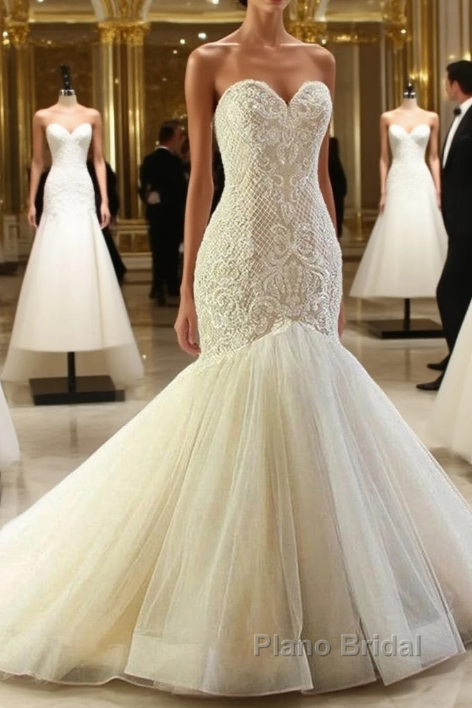 Mermaid Appliques Sweetheart Wedding Dresses Sleeveless Tulle Pleated Bridal Gowns