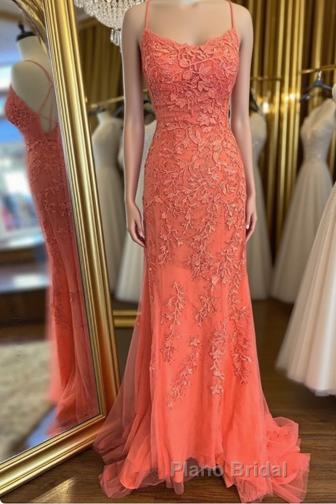 Mermaid Backless Orange Lace Long Formal Prom Dress, Mermaid Orange Lace Formal Dress, Orange Lace Evening Dress Main image