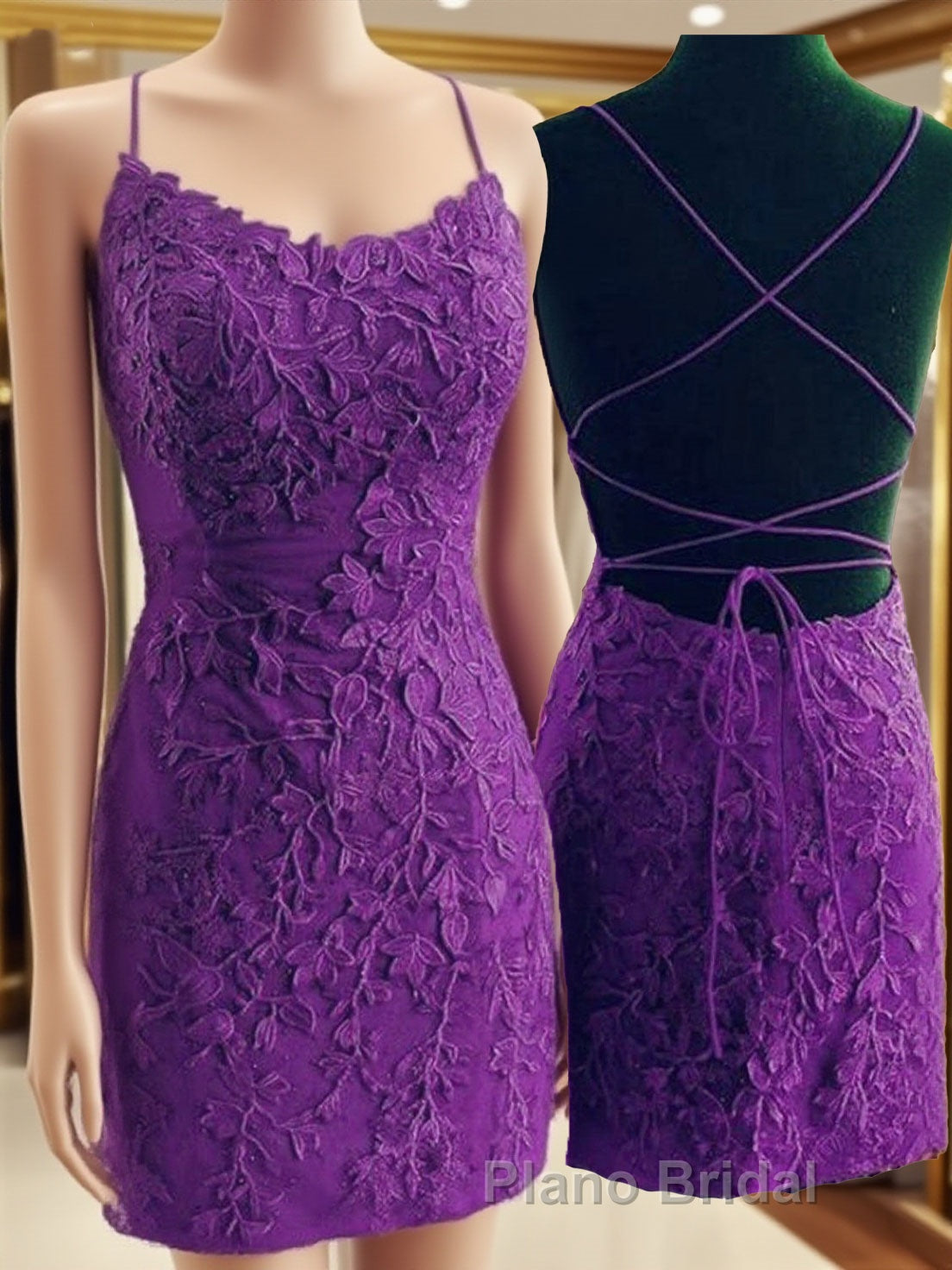 Mermaid Backless Purple Lace Formal Prom Dresses, Mermaid Purple Homecoming Dresses, Short Purple Lace Formal Evening Dresses Main image