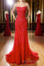 Mermaid Backless Red Lace Long Formal Prom Dresses, Mermaid Red Formal Dresses, Red Lace Evening Dresses