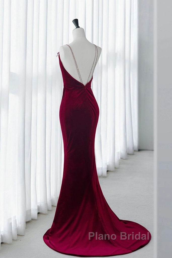 Mermaid Backless Velvet Burgundy Long Formal Prom Dresses With Beads Secondary image