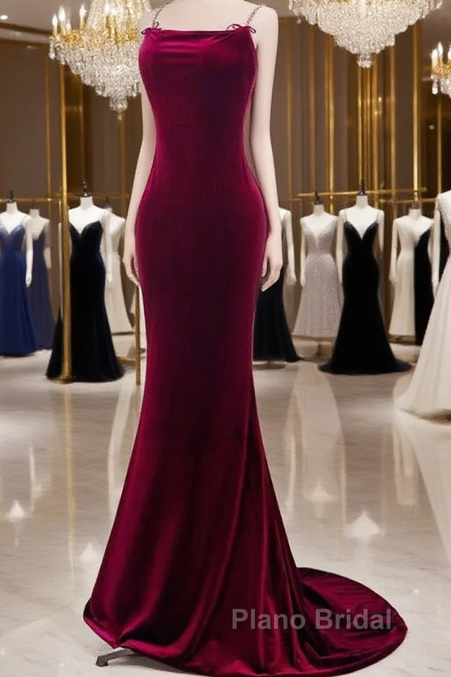 Mermaid Backless Velvet Burgundy Long Formal Prom Dresses With Beads Main image