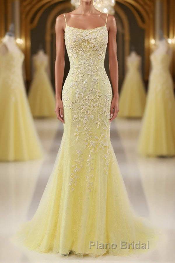 Mermaid Backless Yellow Lace Long Formal Prom Dresses, Mermaid Yellow Formal Dresses, Yellow Lace Evening Dresses Main image