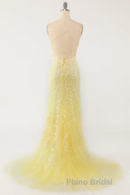 Mermaid Backless Yellow Lace Long Formal Prom Dresses, Mermaid Yellow Formal Dresses, Yellow Lace Evening Dresses