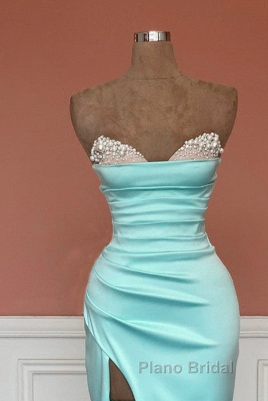 Mermaid Beaded Strapless Blue Satin Split Dresses Secondary image