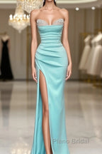 Mermaid Beaded Strapless Blue Satin Split Dresses
