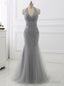 Mermaid Beading Formal Women Dresses Sexy Backless Gray Tassel Evening Dress