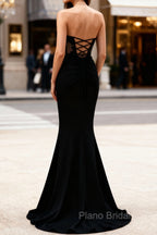 Mermaid Black Corset Strapless Long Formal Prom Dresses with Slit