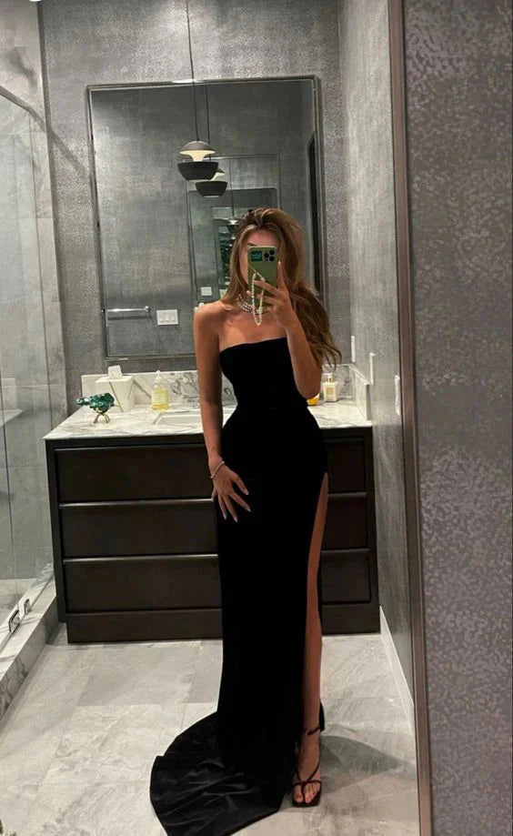 Black Fashion Elegant Mermaid Fishtail Slim Fit Long Satin Ball Gown Formal Evening Dresses Party Dresses