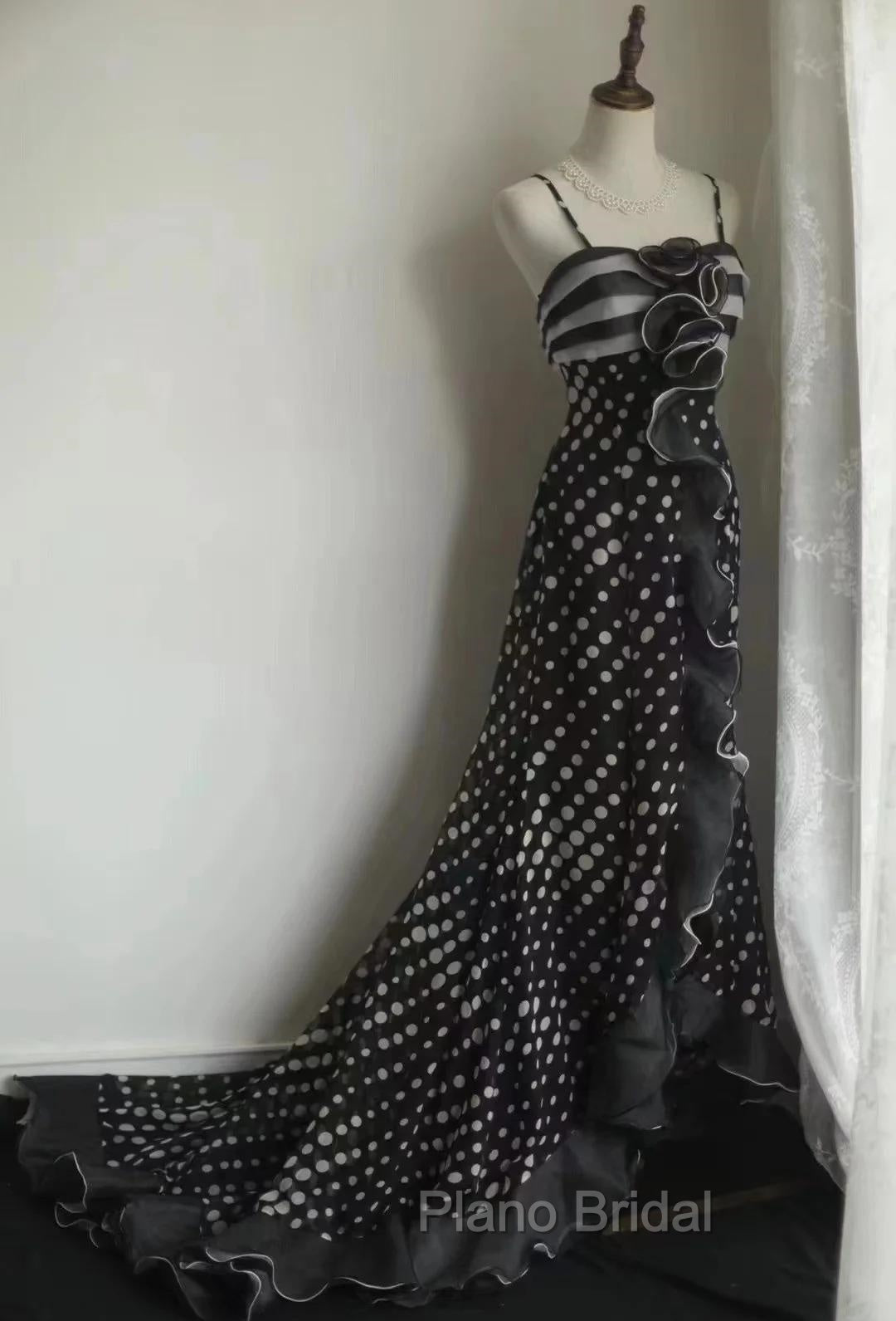 Mermaid Black Spaghetti Strap Chiffon Long Formal Prom Skirt Polka Dot Evening Dresses Secondary image