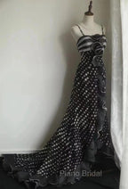 Mermaid Black Spaghetti Strap Chiffon Long Formal Prom Skirt Polka Dot Evening Dresses