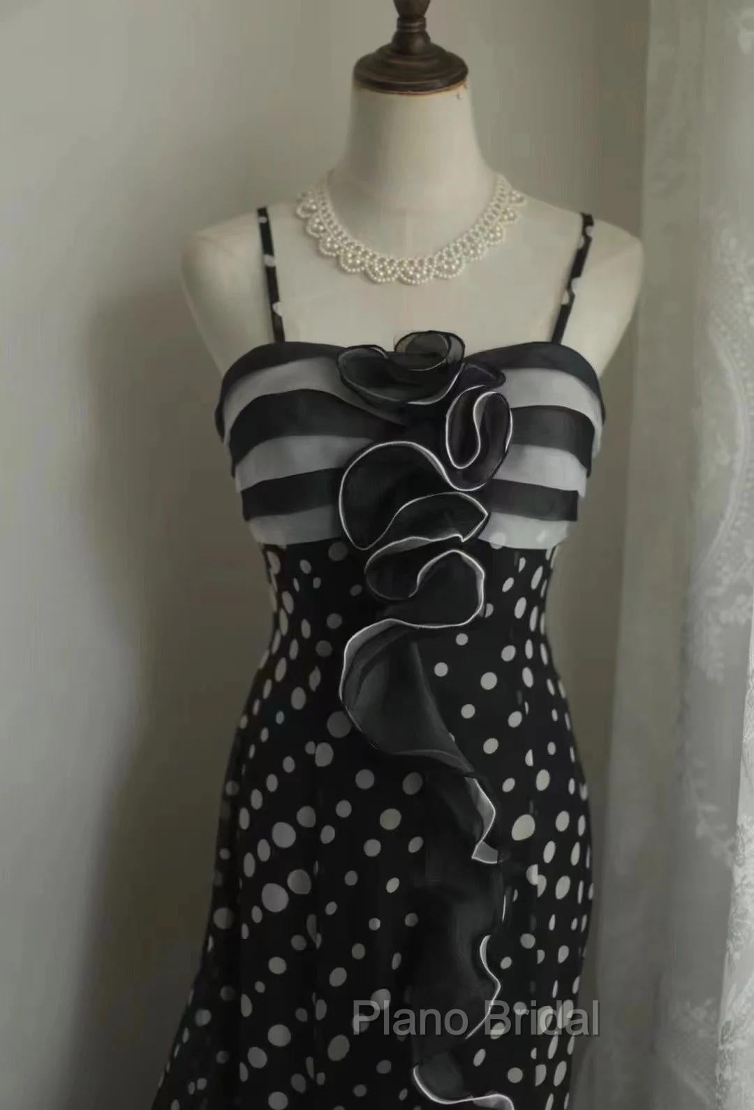 Mermaid Black Spaghetti Strap Chiffon Long Formal Prom Skirt Polka Dot Evening Dresses