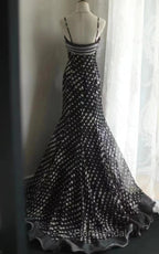 Mermaid Black Spaghetti Strap Chiffon Long Formal Prom Skirt Polka Dot Evening Dresses