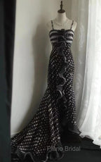 Mermaid Black Spaghetti Strap Chiffon Long Formal Prom Skirt Polka Dot Evening Dresses