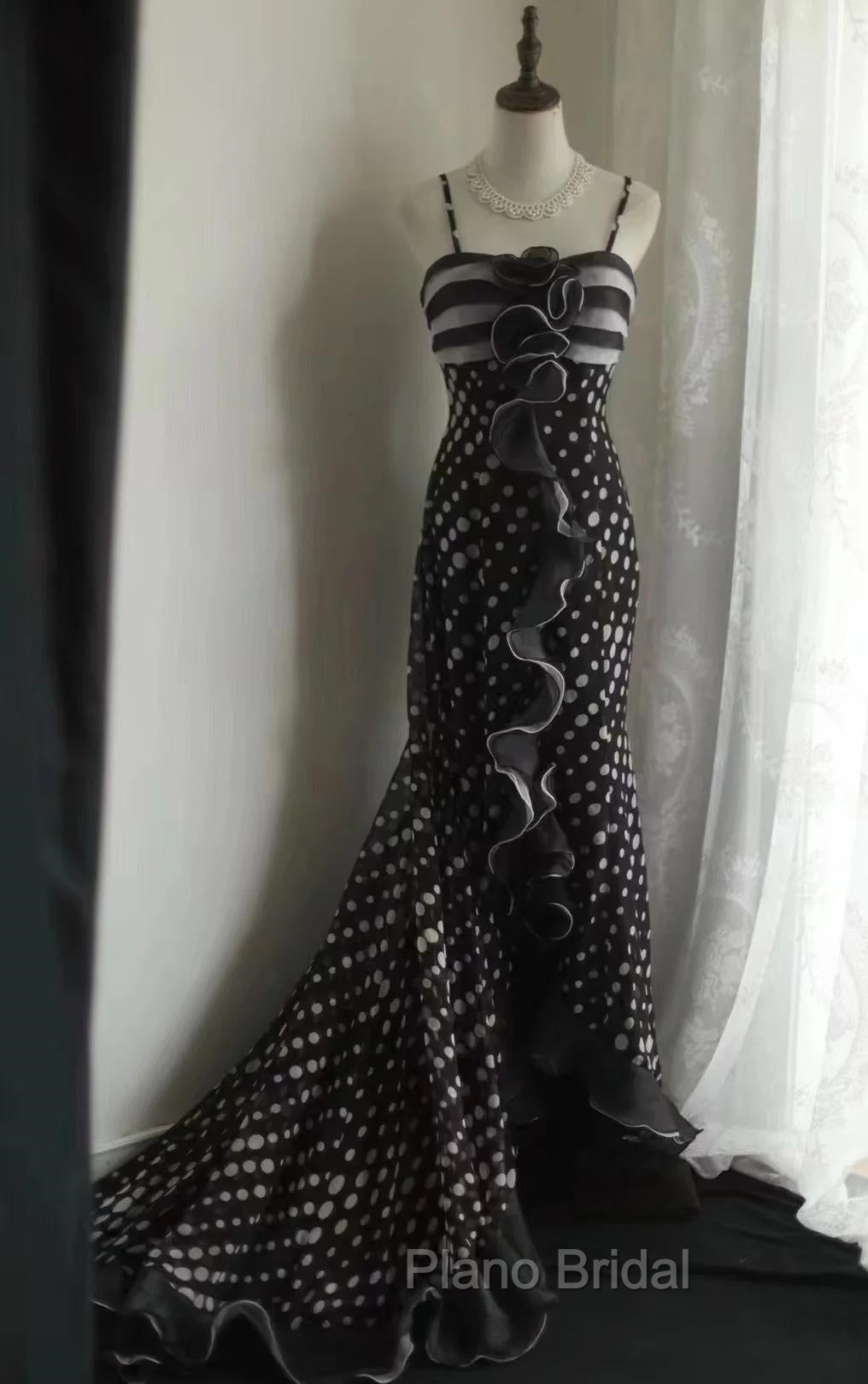 Mermaid Black Spaghetti Strap Chiffon Long Formal Prom Skirt Polka Dot Evening Dresses
