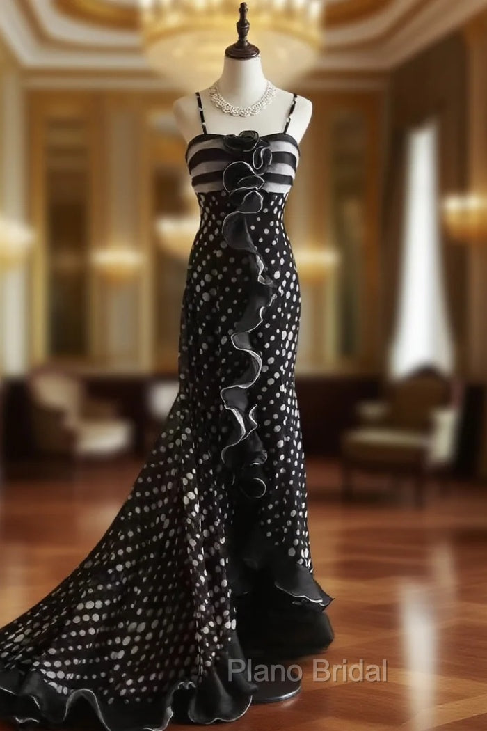 Mermaid Black Spaghetti Strap Chiffon Long Formal Prom Skirt Polka Dot Evening Dresses Main image