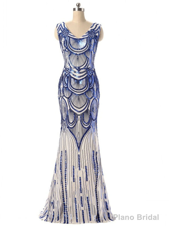 Mermaid Blue Sequins V-neck Prom Dress