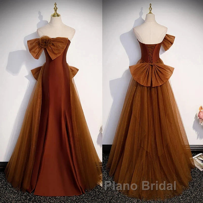 Mermaid Brown Tulle Satin Strapless Long Party Dresses Formal Dresses Formal Prom Dresses Secondary image