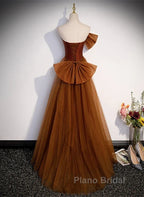 Mermaid Brown Tulle Satin Strapless Long Party Dresses Formal Dresses Formal Prom Dresses