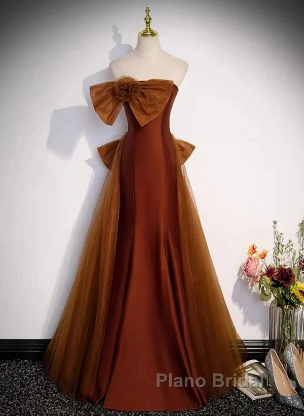 Mermaid Brown Tulle Satin Strapless Long Party Dresses Formal Dresses Formal Prom Dresses