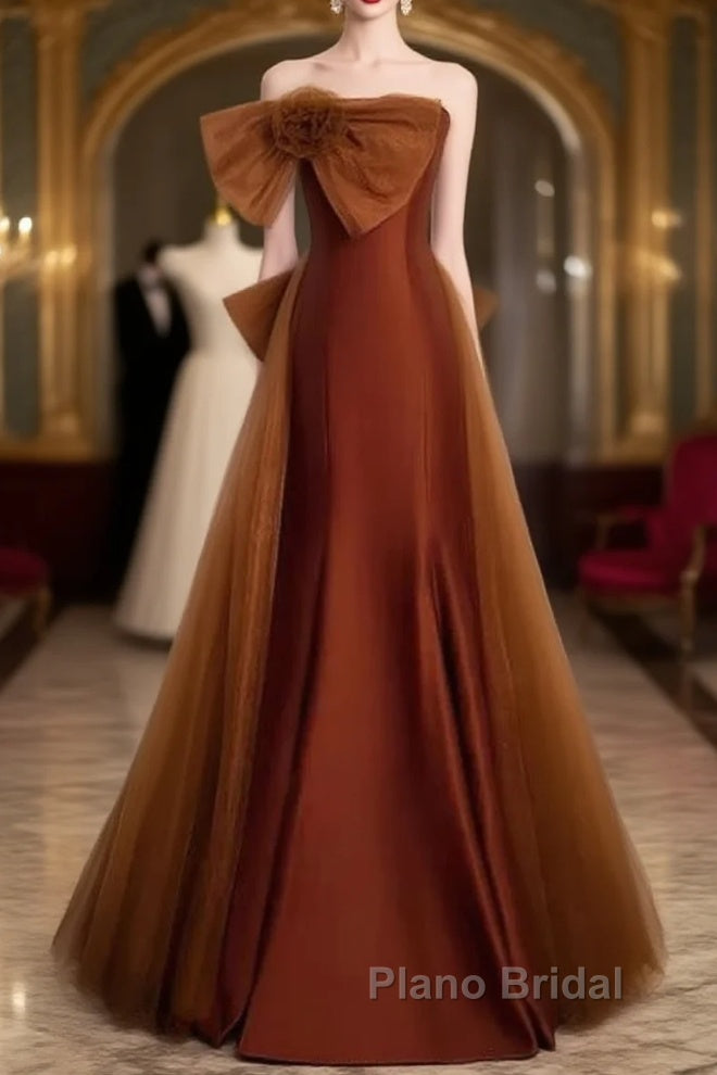 Mermaid Brown Tulle Satin Strapless Long Party Dresses Formal Dresses Formal Prom Dresses With Bow(S) Main image