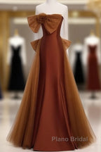 Mermaid Brown Tulle Satin Strapless Long Party Dresses Formal Dresses Formal Prom Dresses