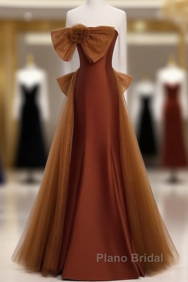 Mermaid Brown Tulle Satin Strapless Long Party Dresses Formal Dresses Formal Prom Dresses