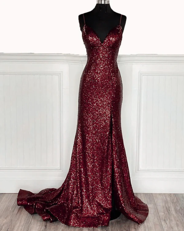 Mermaid Burgundy Sequin Floor Length Formal Prom Dresses 22Th Birthday Outfit Secondary image