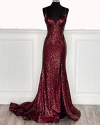 Mermaid Burgundy Sequin Floor Length Formal Prom Dresses 22Th Birthday Outfit
